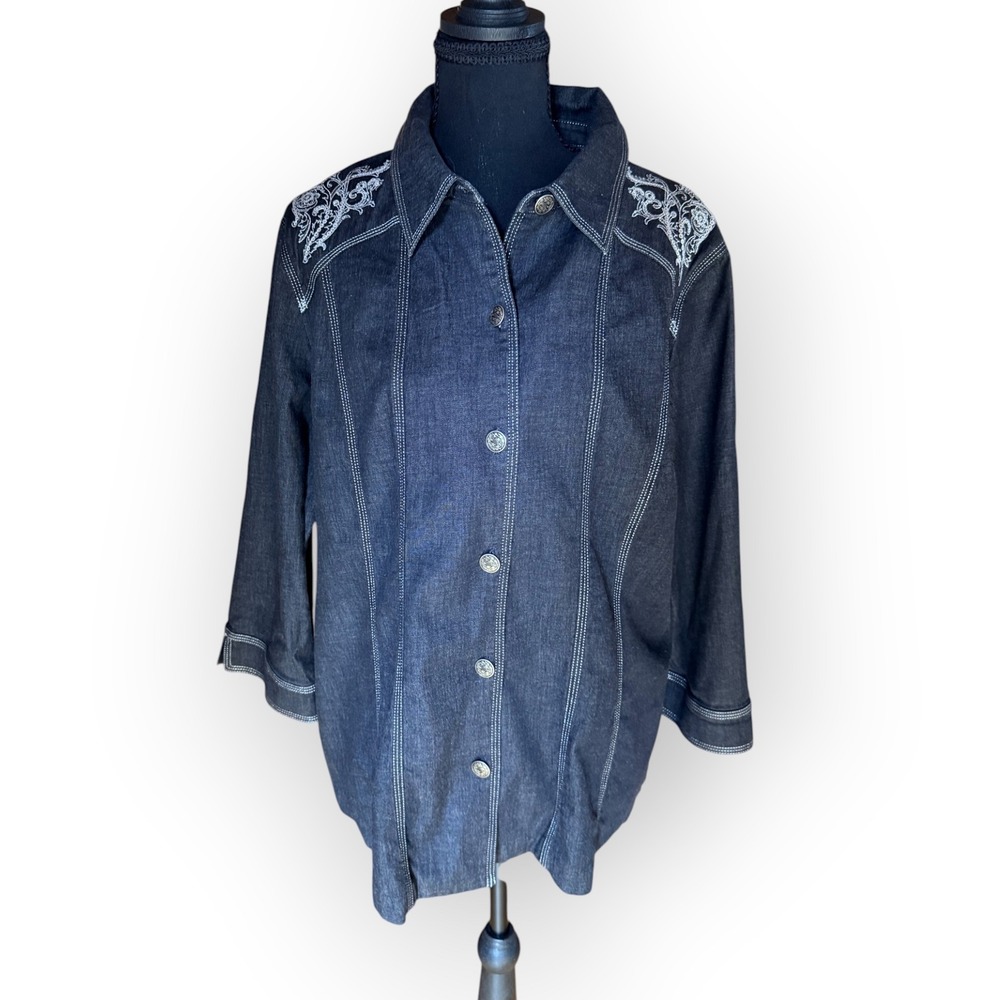 Cowgirl Maximalist Embroidered Black Denim Shirt Fall Trail Statement Jacket L